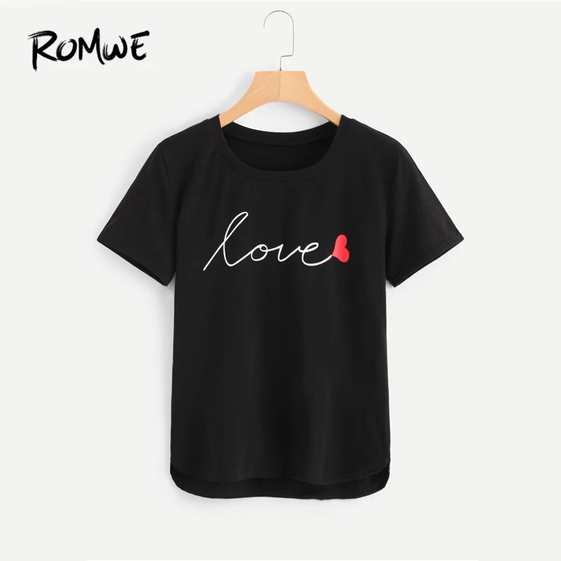 

ROMWE Letter Print Dolphin Hem Tee 2019 Black Short Sleeve Round Neck Graphic Tees Women Summer Chic Korean Clothes Shirt