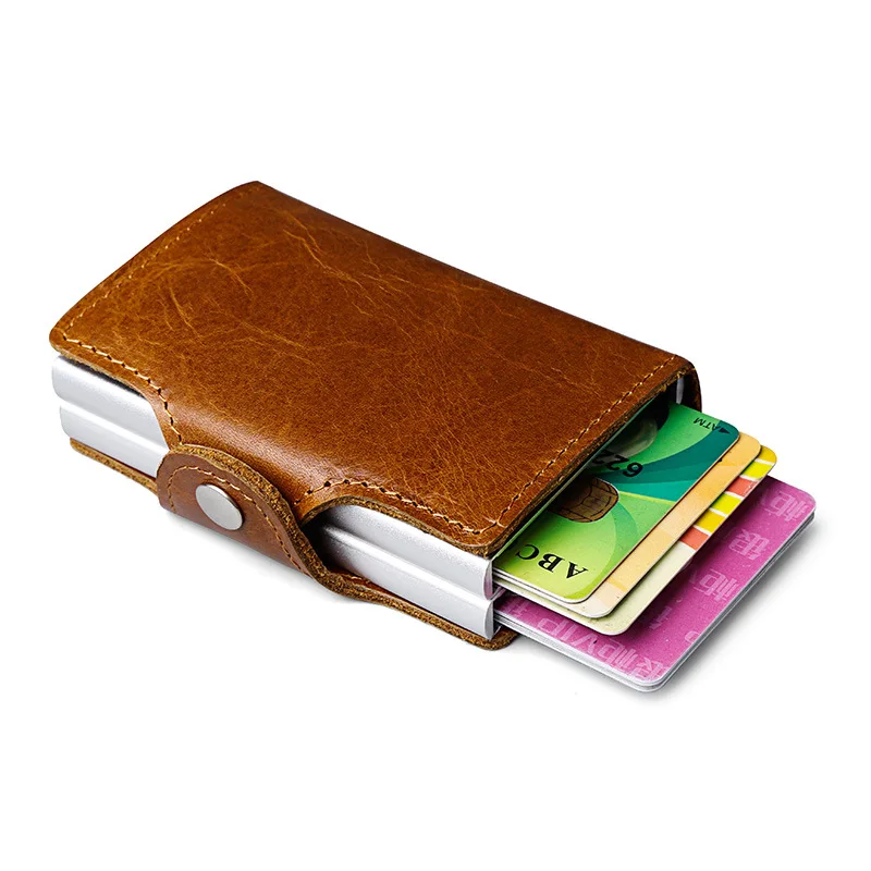 Men Genuine Leather double Metal Credit Card Holder Aluminium RFID Blocking Wallet Hasp Mini ...