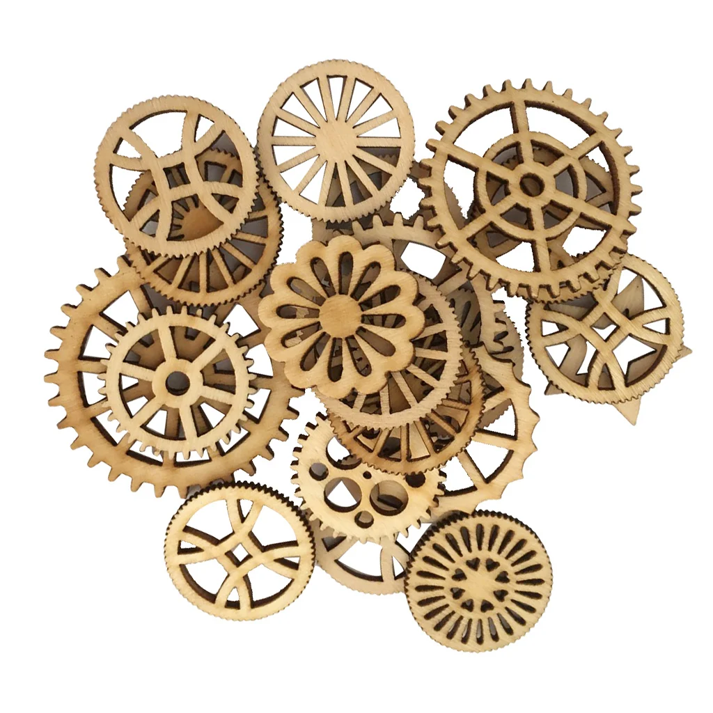 50 Pieces Chic Mixed Wooden Gear Cutouts Craft Embellishment Gift Tag Wood Ornaments