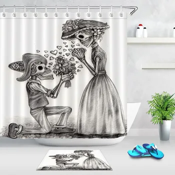 

LB In Love Skull Day of the Dead White Halloween Shower Curtain And Mat Waterproof Polyester Bathroom Fabric For Bathtub Decor