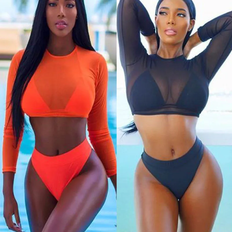 

2018 Two Piece Swimsuit Summer Sexy Women Mesh Long Sleeve High Waist Bikini Set Push Up Swimwear Bra+Bottom+Cover Up Swimsuit