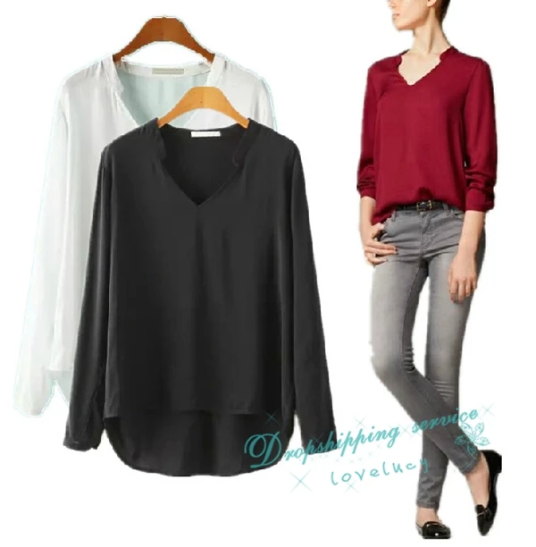 2014 Autumn new V-neck Long-sleeved Shirt Irregular Short in Front Long Loose Female Woman Casual Shirts Free Shipping |