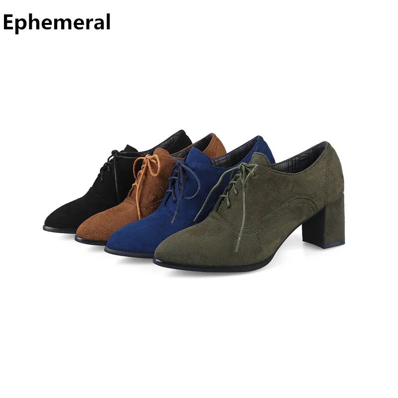 

Women high heel shoes lace-up ankle pumps pointed toe flock square heels green blue big size 48 47 34 stiletto zapatos mujer