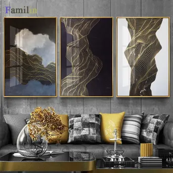 

Nordic Abstract color spalsh blue golden canvas painting poster and print unique decor wall art pictures for living room bedroom