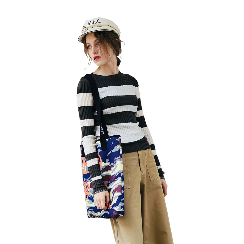 Merino wool print classic stripe stretch slim knit top for women 281022 |