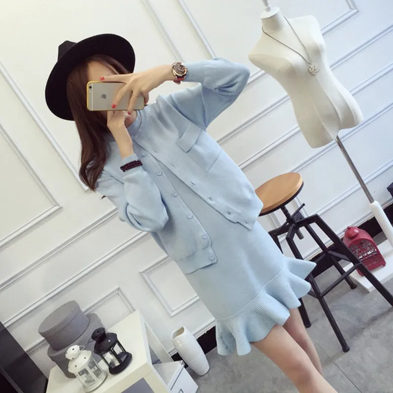 

2019 Autumn Winter Women Knit Cardigans Dress Set Striped Single Breasted Long Sleeve Jacket Coats Dresses Suits