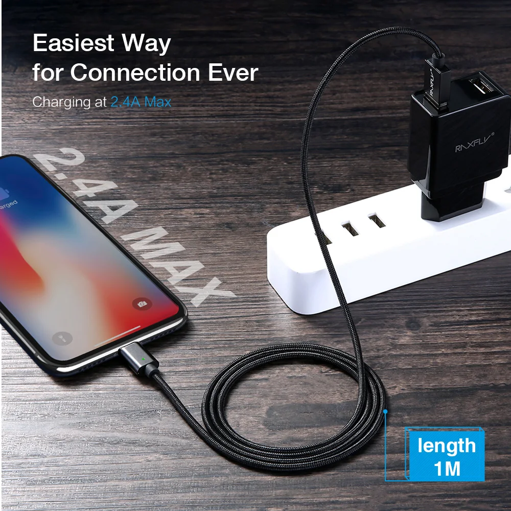 RAXFLY Magnetic Cable For iPhone X XS Max 8 7 Plus Charging Wire Lightning to USB Cable For iPhone 6S LED Magnet Charger Cord