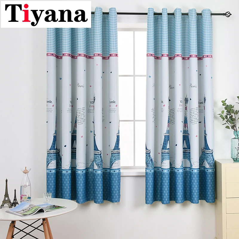 

Modern Blue Striped Curtains for Living Room Paris Tower Design Window Drapes for Study Bedroom Semi-blackout Curtains PC15X