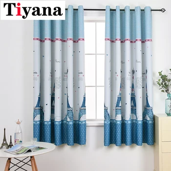 

Modern Blue Striped Curtains for Living Room Paris Tower Design Window Drapes for Study Bedroom Semi-blackout Curtains PC15X