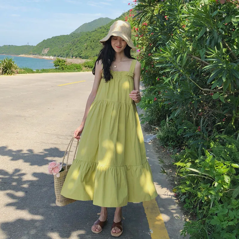 

prairie chic Sweet beauty Women's Clothing fashion brand New summer trend temperament simple solid strap tank vest long dresses