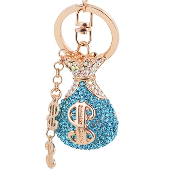 

Fashion Gold Plating With Blue, Pink,Rose Rhinestones Jeweled Money Bag Design Zinc Alloy Key Chains Handbag Decor Hanging Charm