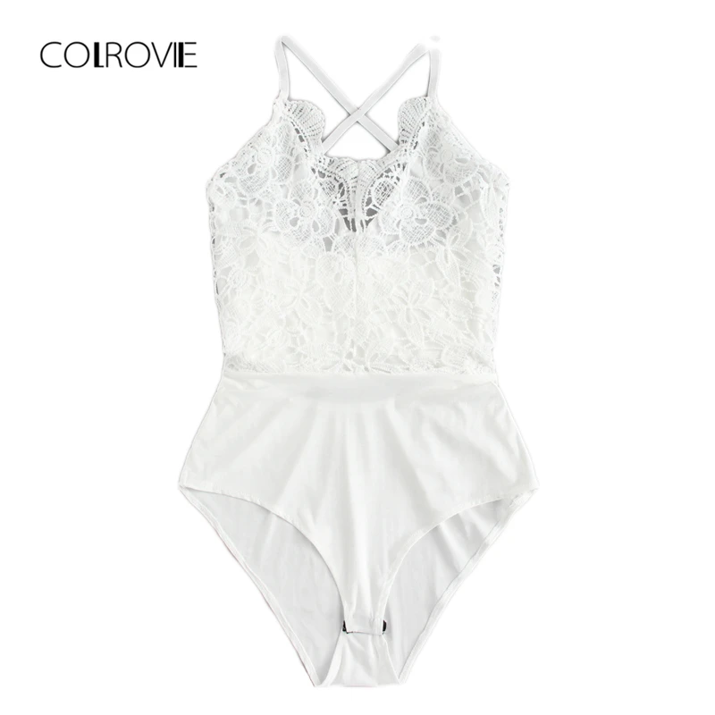 COLROVIE Lace Crochet Contrast Tie Back White Bodysuit 2018 Summer Spaghetti Strap Sexy Bodysuit Embroidery Women Bodysuit COLROVIE Lace Crochet Contrast Tie Back White Bodysuit 2018 Summer Spaghetti Strap Sexy Bodysuit Embroidery Women Bodysuit