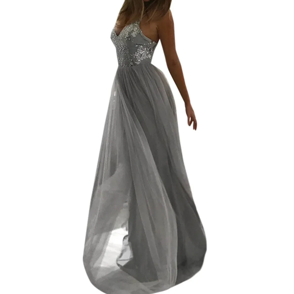 

2019 Top Quality Lace Sequin stitching Sleeveless v neck long Dress Fashion New Year Shining Elegant Cocktail Party Women 6