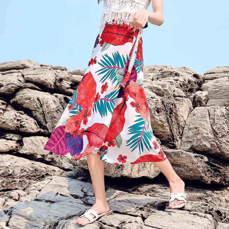

Summer Women Clothes 2019 Plus Size High Waisted Flower Printed Long Skirts Vintage Boho Style Beach A-line Chiffon Maxi Skirts