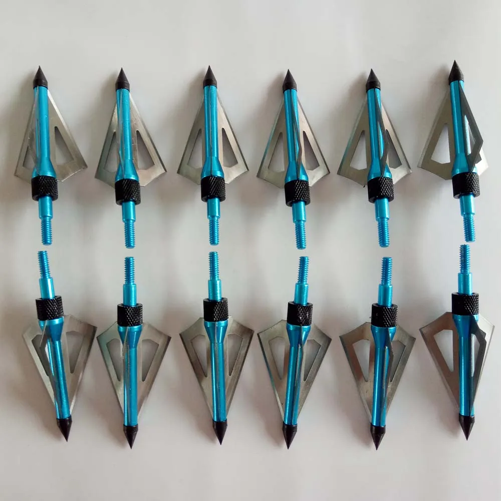 12Pcs/Lot Three Blades 100 Grain Blue Steel Archery Hunting Arrowheads for Crossbow Bolts