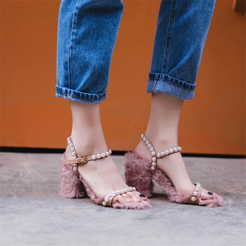 

meifeini2019 summer new leather women's high heel sandals pearl shoes