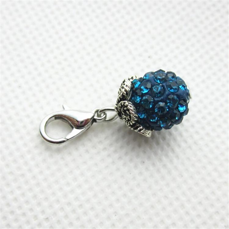 

Hot selling 10pcs/lot peacock blue rhinestone crystal round dangle charms lobster clasp charms for glass floating lockets charms