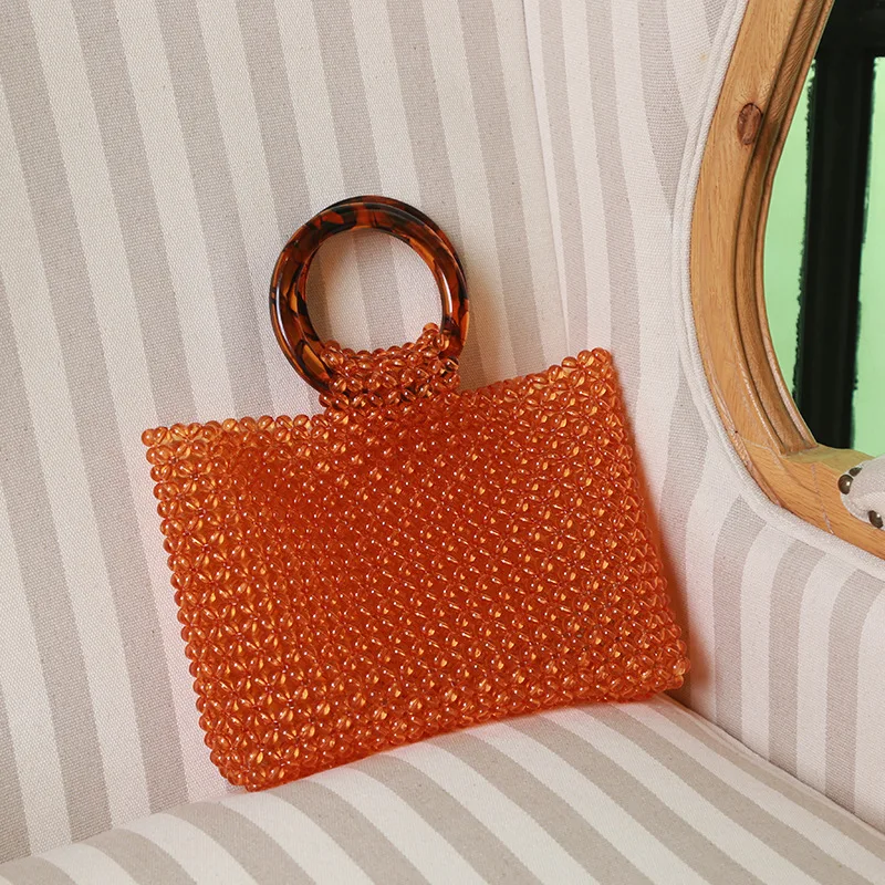 

Fashion Women's Beaded Handbag Vintage Acrylic Handle Pearl Dinner Bags Summer Large Capacity Tote Beach Bag Luxury Designer