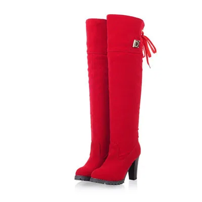 Зимняя обувь на меху на шнуровке, на тонком высоком каблуке, с круглым носком, на платформе; теплые женские сапоги выше колена; высокие сапоги - Цвет: Красный