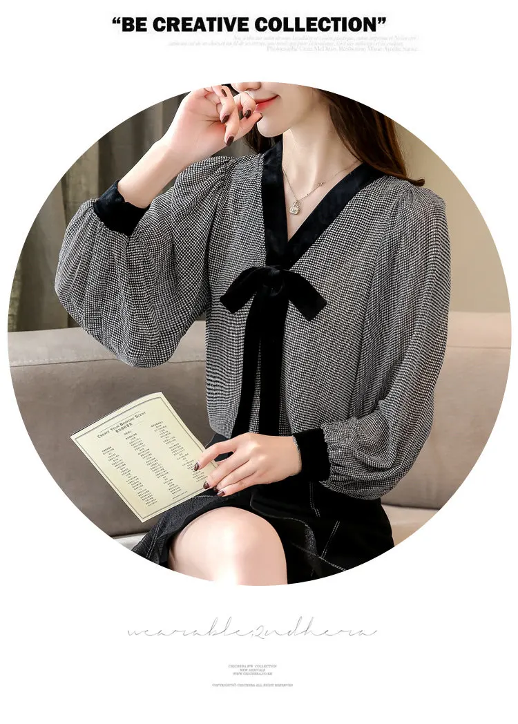 Black Plaid Shirts Women Autumn Bow V-Neck Blouses Womens Tops Elegant Long Sleeve Chiffon Blouse Autumn Tops Blusas Mujer 2019 (6)