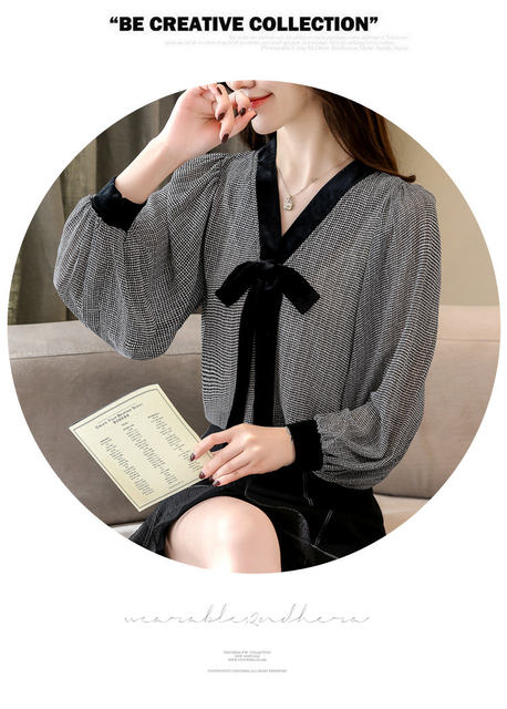 Black Plaid Shirts Women Autumn Bow V-Neck Blouses Womens Tops Elegant Long Sleeve Chiffon Blouse Autumn Tops Blusas Mujer 2019 (6)