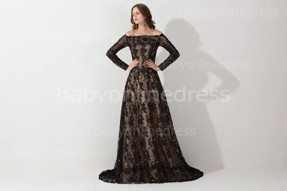 Middle East Black Lace Muslim Arabic Evening Dress Long Sleeve Boat Neck Kaftan Dubai Evening Gown with Train Robe de Soiree Middle East Black Lace Muslim Arabic Evening Dress Long Sleeve Boat Neck Kaftan Dubai Evening Gown with Train Robe de Soiree