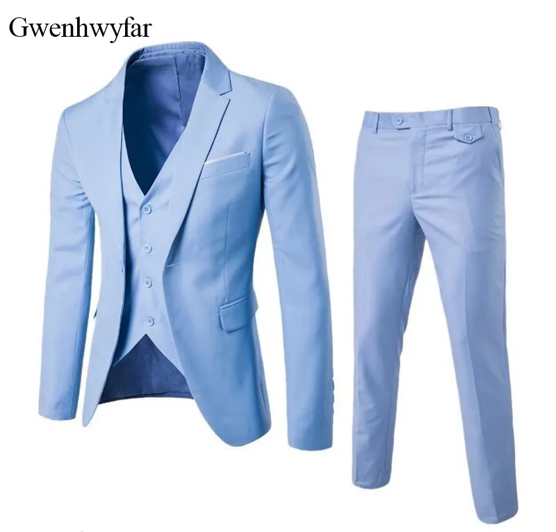 Hot Selling Light Blue Business Mens Suits 3 Pieces (Jacket+Pants+Vest ...