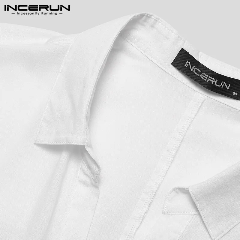 INCERUN Lapel Shirt Men Solid Color Slim Collar Long Section Long-sleeved Shirt Beach Wind Loose Casual Streetwear Camisas