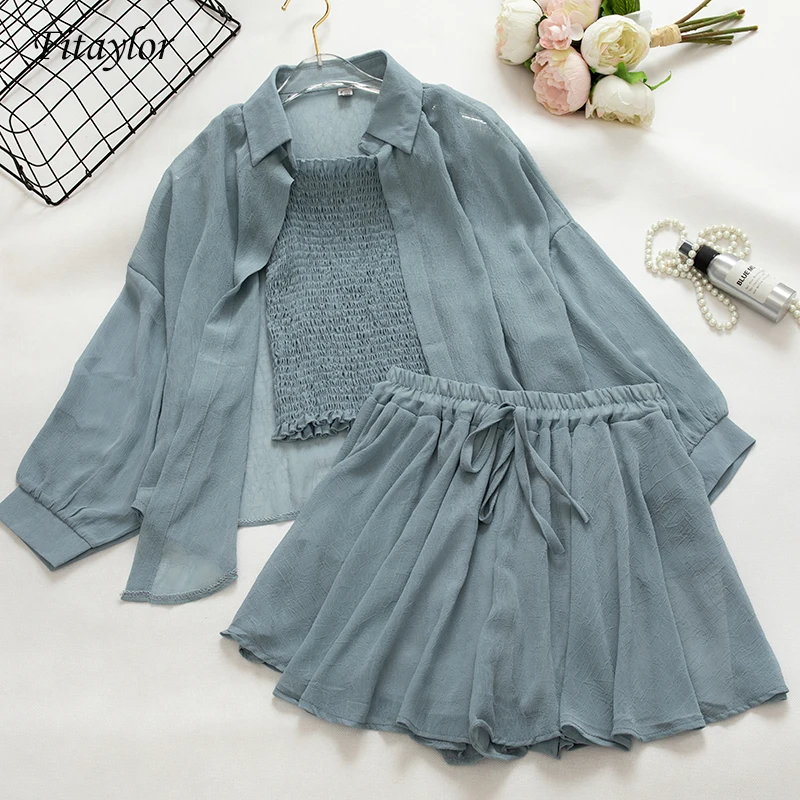 

Fitaylor Women Three Piece Set Strap Shirt Tops + Cardigan Coat + Elastic Waist Shorts Summer Female Casual Suit