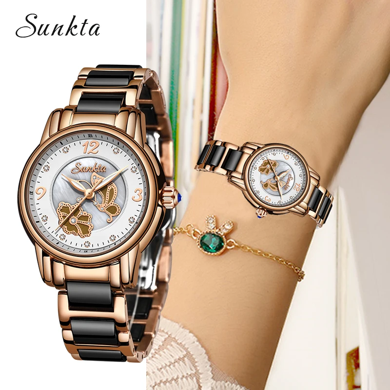 

SUNKTA2019 New Quartz Watch Women Rose Gold Ceramic Strap Fashion Casual Waterproof Women Watches Ladies Clock Relogio Feminino