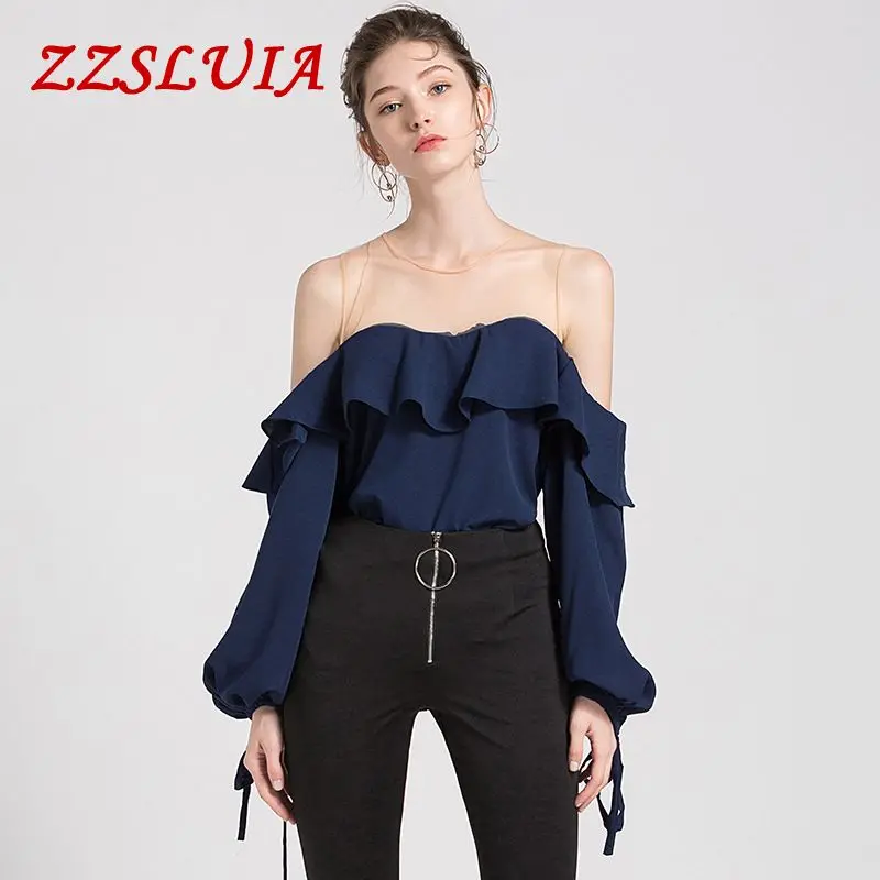 Patchwork ruffles designer O neck off the shoulder lantern sleeve blouses shirts female 2018 new brand women's tops 3862 |
