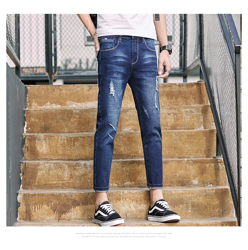 Высокое качество Однотонные джинсы 2018 Новая мода стирка царапины отверстия Для мужчин джинсы лодыжки Длина мужской Slim Fit джинсовые узкие