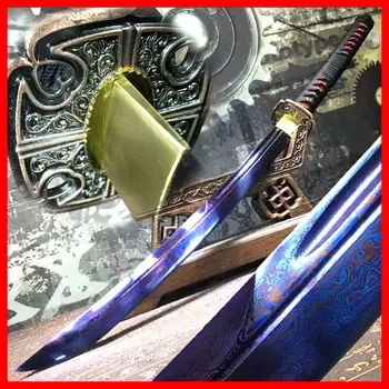 

Handmade Folded Blue Pattern Steel Full Tang Blade Sharp Japanese Battle Sword katana/Leather Sheath
