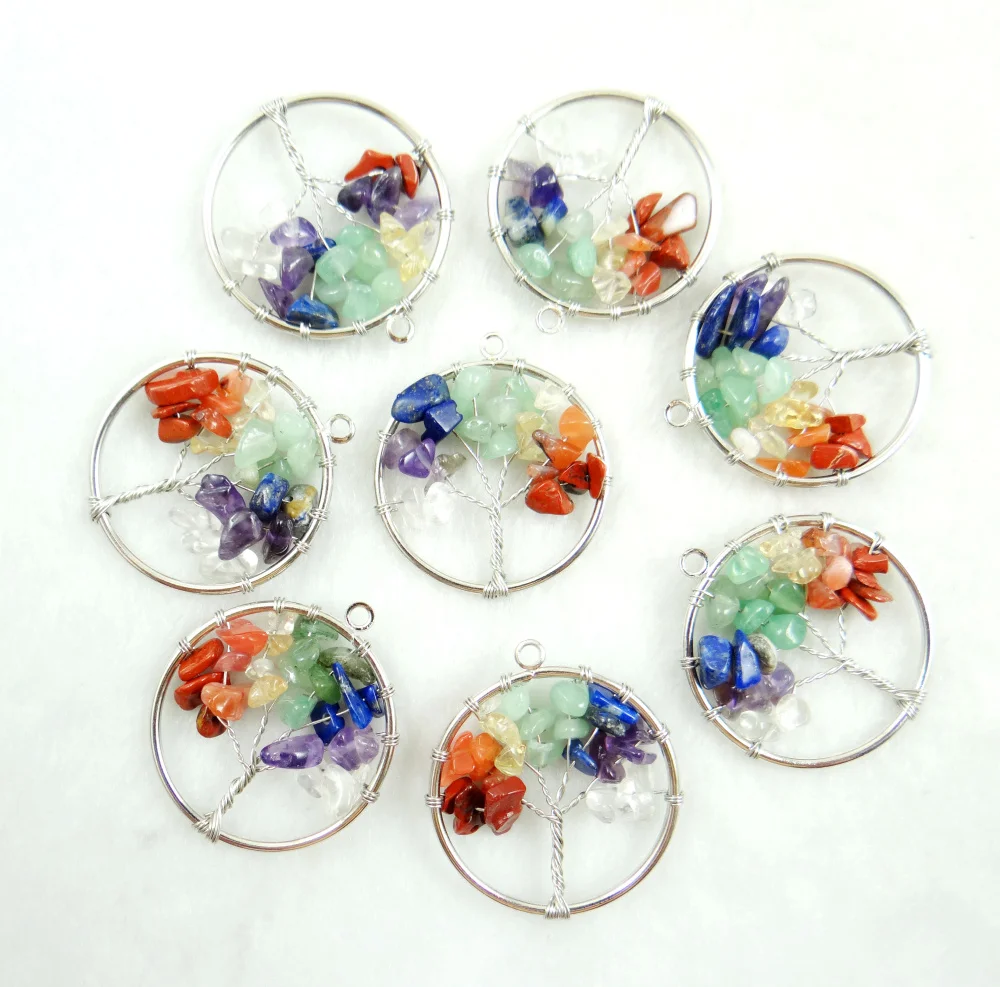 

6PCS Fashion Wisdom Tree Charm 7 Chakra Reiki Healing Tree of Life Pendant Natural Crystal Stone Jewelry making necklace