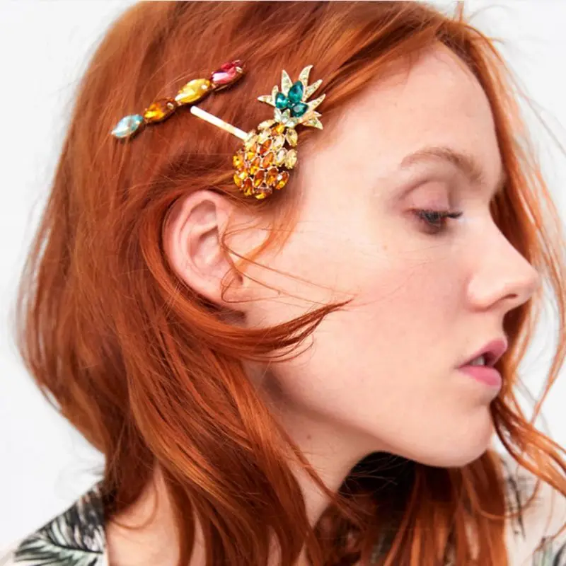 

Summer European Retro One Word Hairpin Women Colored Acrylic Imitation Diamond Pineapple Hair Clips Jewelry Barrettes 3Pcs/Set