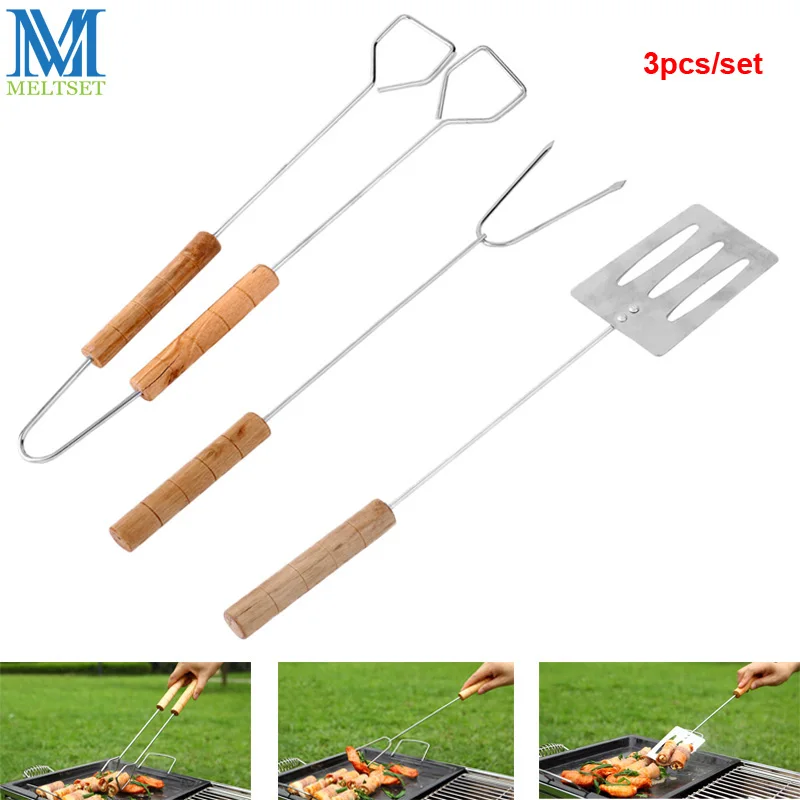 Meltset 3pcs/set Barbecue Fork Tong Shovel BBQ Tool Set Wooden Handle