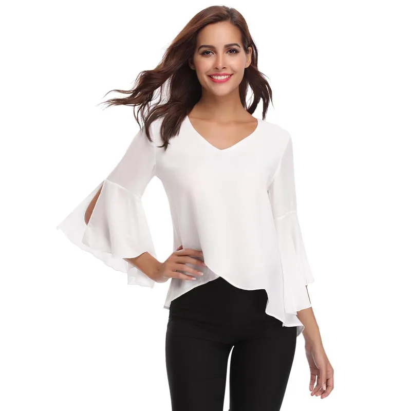 

Abollria Elegant Office Ladies Blouse Women V-Neck Long Sleeve Flared Blouses Chic Summer Loose Women White Street Blouse