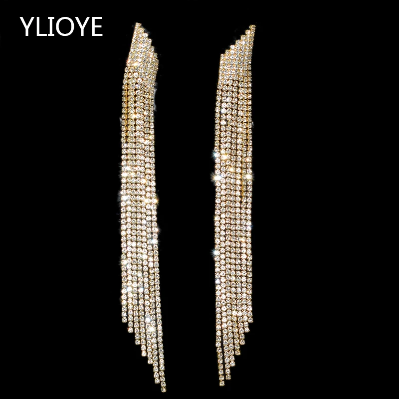 

High quality tassel imported luxury crystal Long Gold Drop Earrings Fashion Jewelry For Women Wedding party Jewelry Best Gift