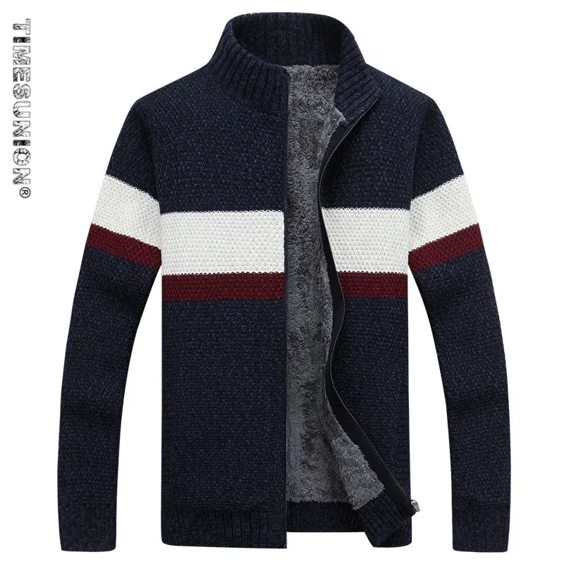 

TIMESUNION Brand Clothing Winter Sweater Men Striped Cotton Stand Collar Cardigan Men Thicken Wool Liner Coat XXXL