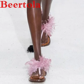 

Summer New Women's Sandals Flip Flops Ostrich Feather Decor Runway Flats Shoes Women Large Size Casual Style Sandalias De Mujer