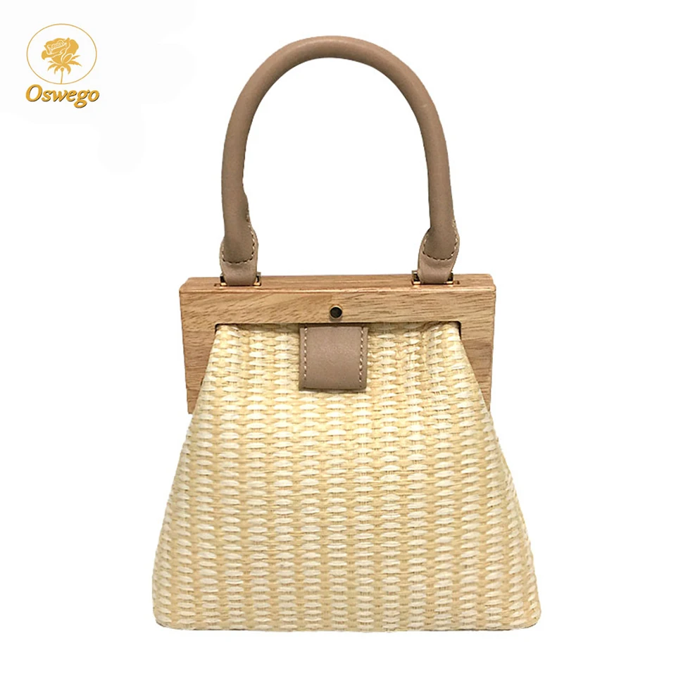 

Oswego Straw Bag 2019 New Fashion Wooden Clip Women Shoulder Bag Summer Travel Beach Bag Luxury Handbags Women Bags Designer