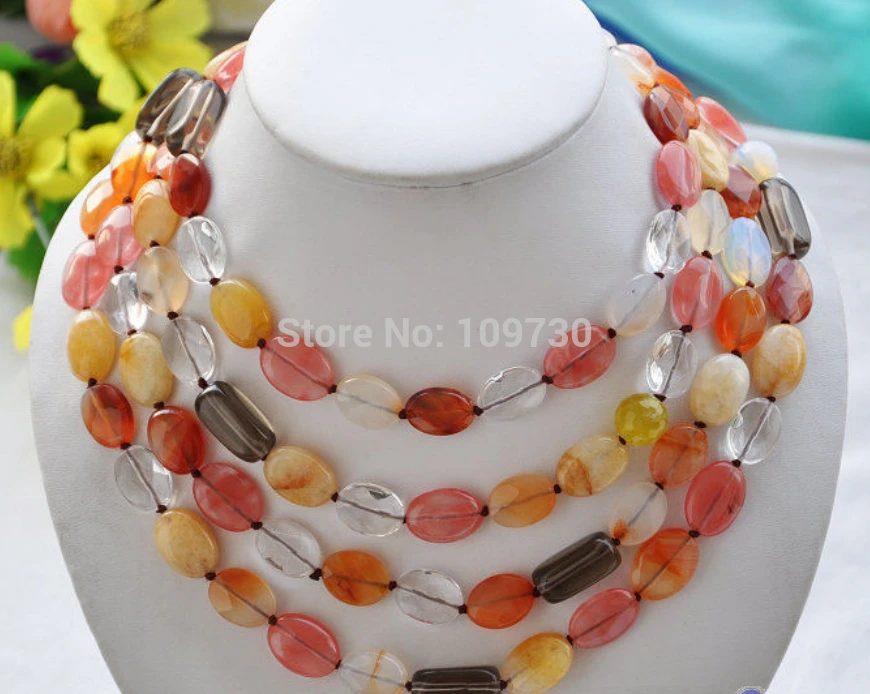 

Jewelr 00370 70" 17MM carve ellipse faceted red agate crystal opal jade necklace