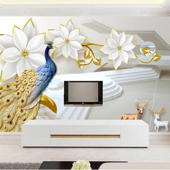 

Custom Any Size Mural 3D Wallpaper Modern Ice Jade Jewelry Peacock Non-Woven Wall Paper Volume Living Room Background 3D Fresco