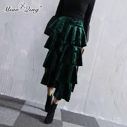 MIAOQING Modis Асимметричная рюшами длинная юбка мода осень Для женщин Высокая Талия Женская гофрирующая юбка Костюмы Винтаж бархатные юбки
