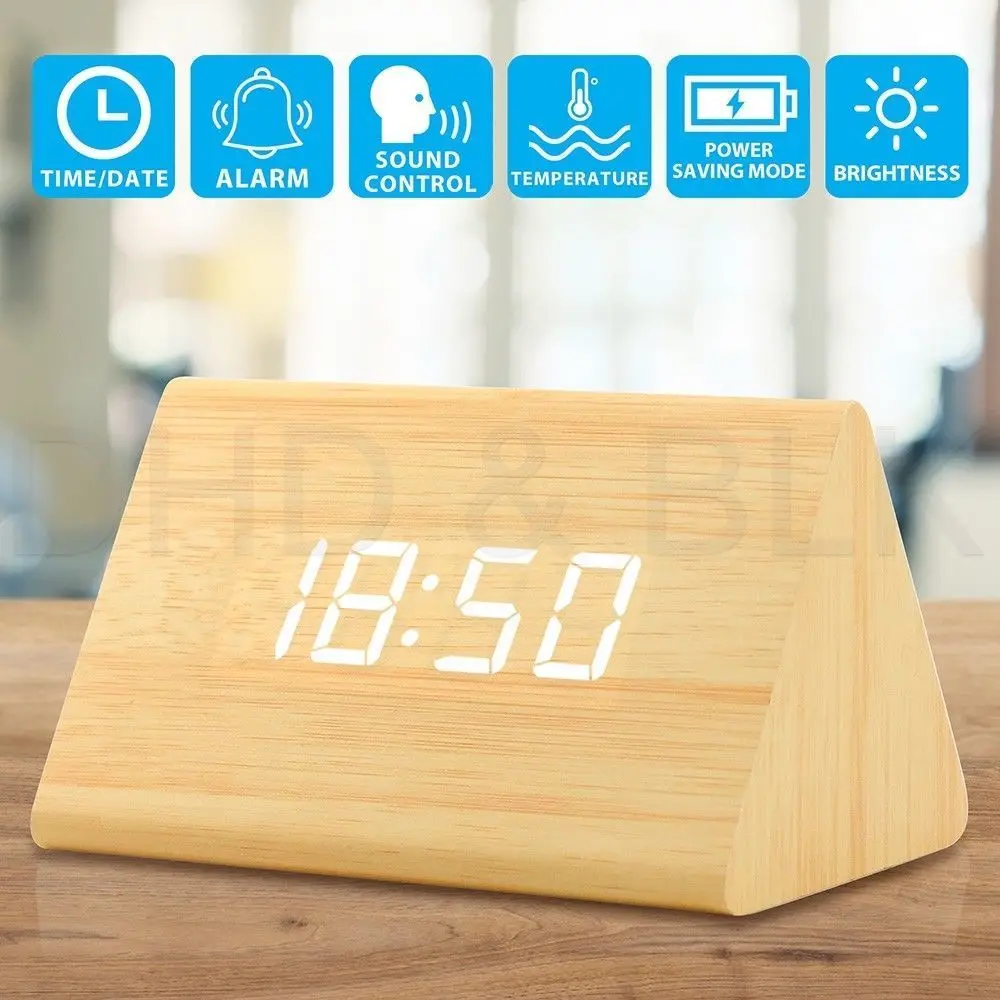 Деревянный куб светодиодный Будильник цифровой настольные часы треугольная призма деревянный стиль комнатной температуры показ часов - Цвет: bamboo