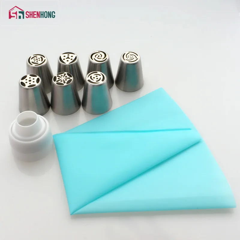 

7PCS Russian Piping Tips and 1 Adaptor 1 Silicone EVA Bag Cake Stainless Steel Tulip Icing Nozzle Converter Pastry Decorating