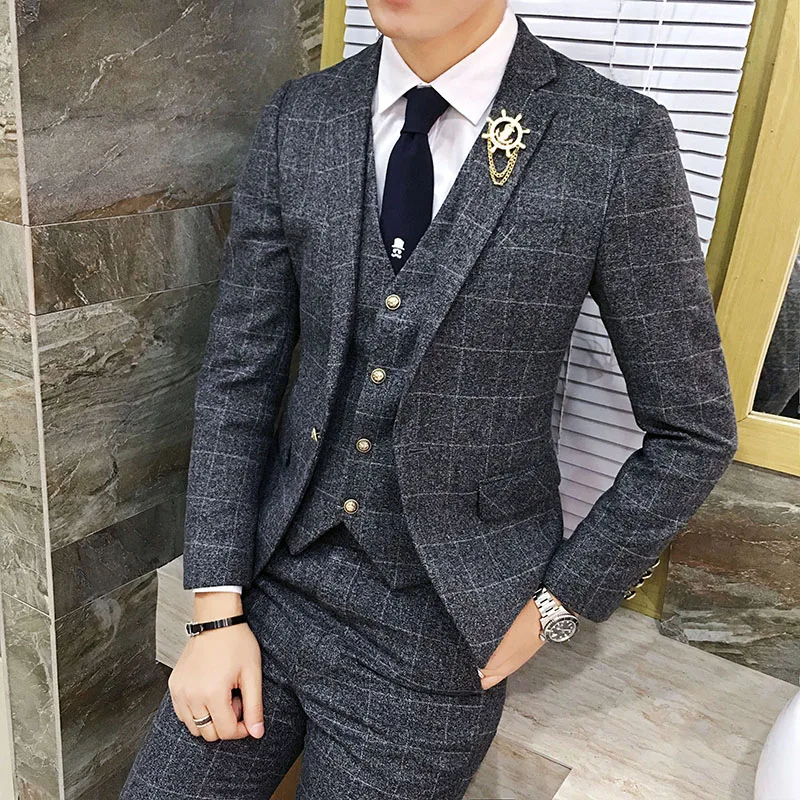 

( Jacket + Vest + Pants ) 2019 Men's England Plaid Casual Suit Mens Classic Single Button Official Suit Groom Wedding Dress Suit