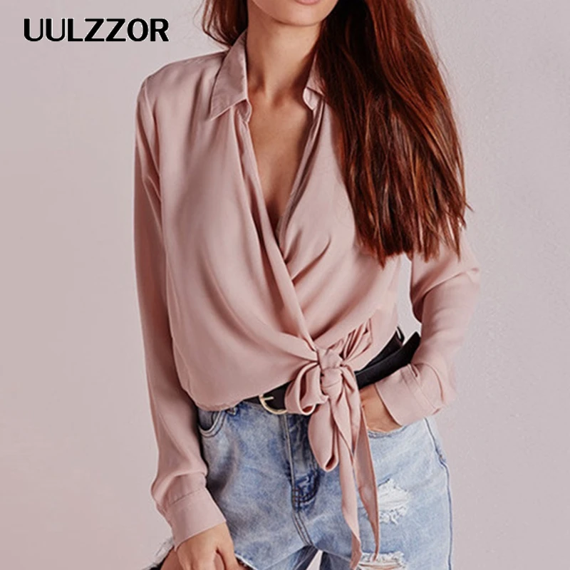 

UULZZOR women blouse shirt wrap blouse sexy v neck autumn long sleeve shirt tops vintgae blouse elegant solide shirts chiffon