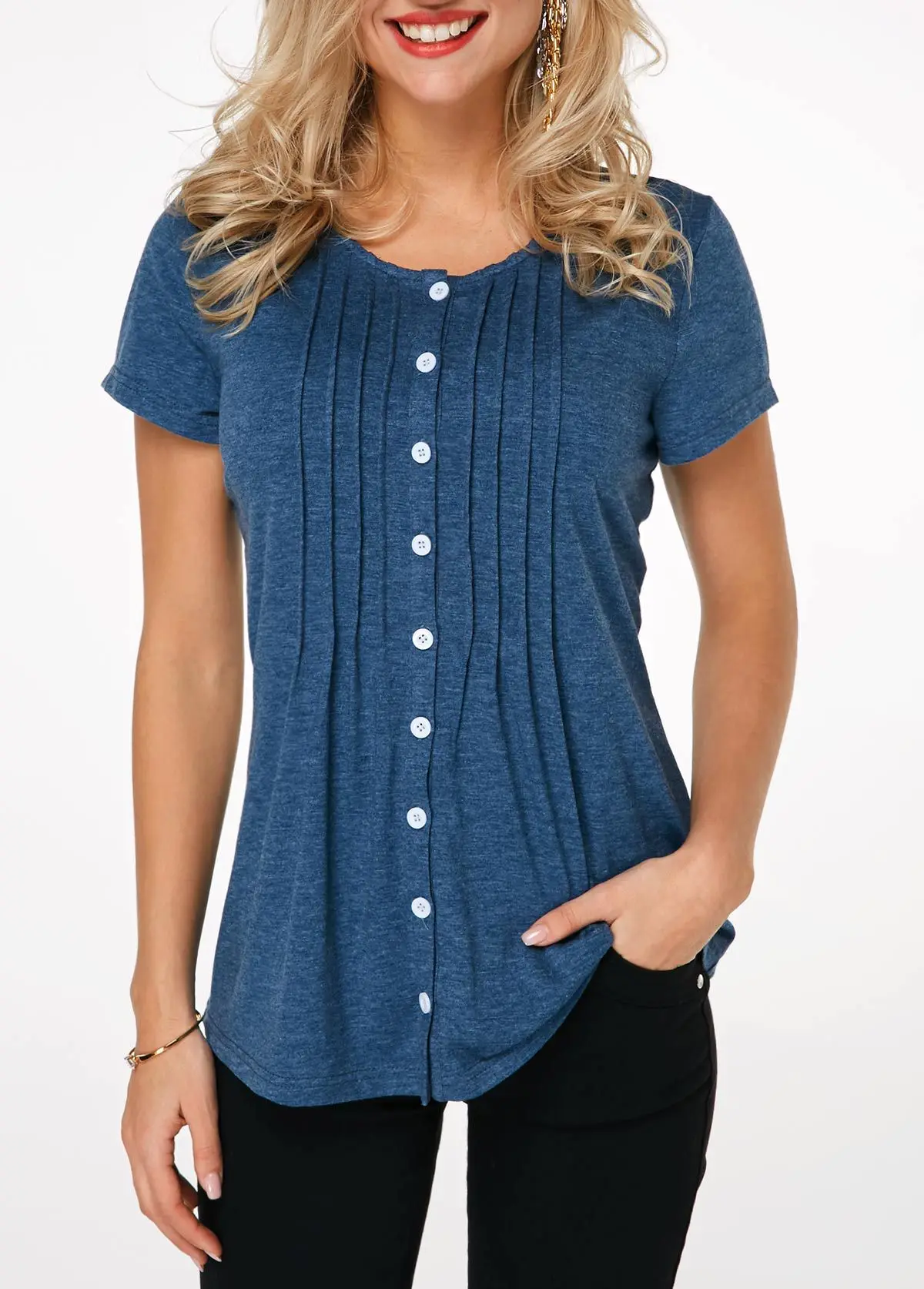 

Solid Color Round Neck Stitching Button Cardigan Short-sleeve T-shirt Black Pleated Straight Single-breasted Ladies Tops T-shirt