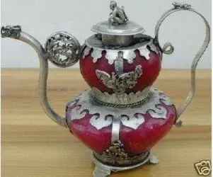 

Crafts Arts design Decorate Chinese tibet silver Red Jade Dragon teapot shipping tools wedding Decoration Brass